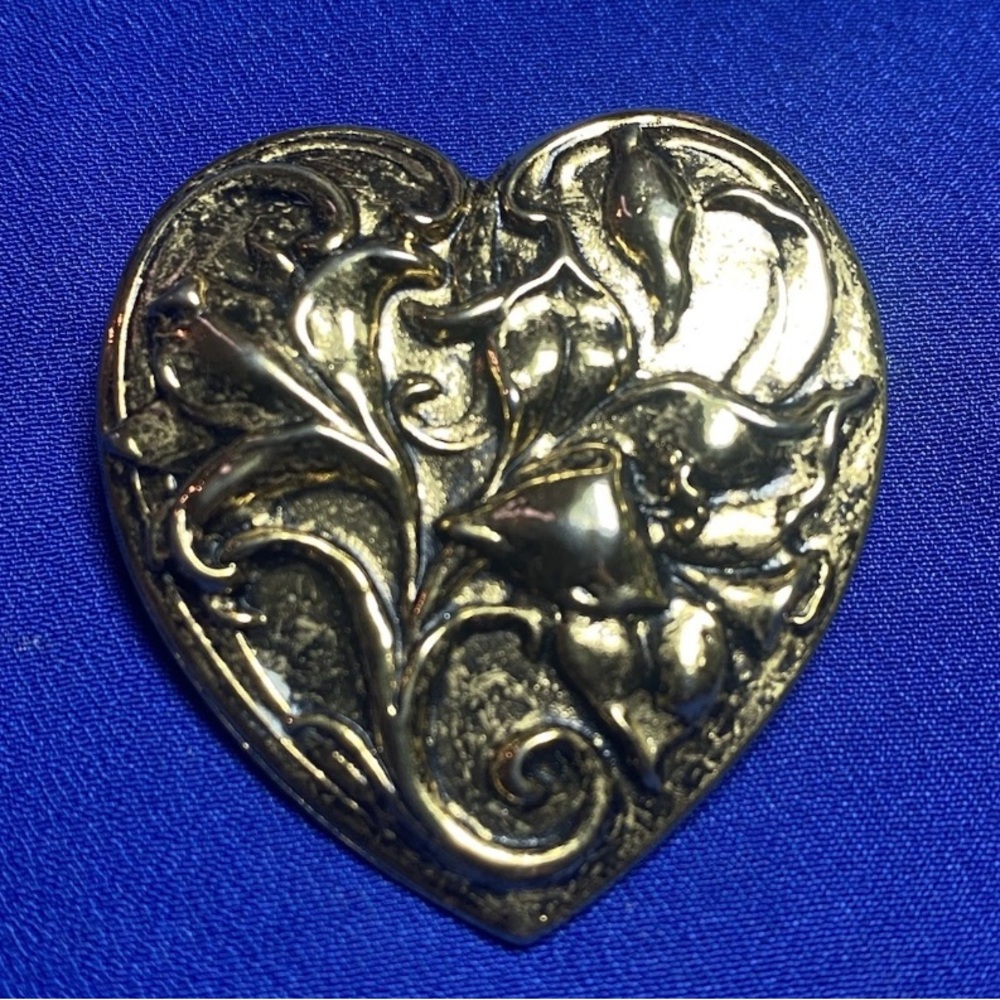 VINTAGE Gold-Tone Heart Brooch – Raised Floral Scroll Design – 1.5”